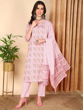 Women Pink Pure Cotton Floral Printed Kurta Trouser With Dupatta